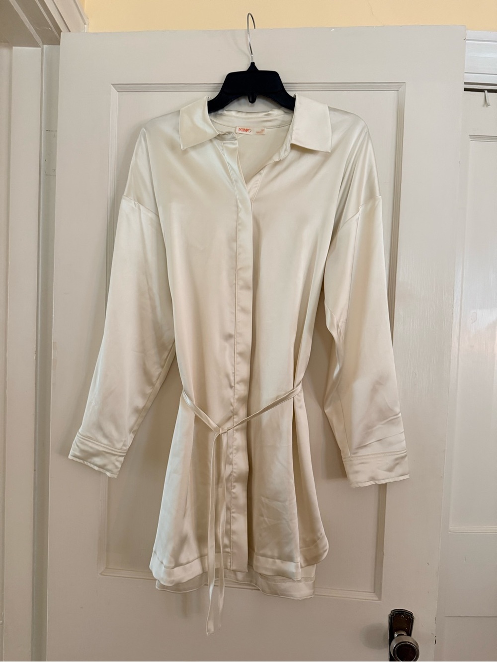 Natori Cream Satin Button-Front Sleep Shirt with Tie